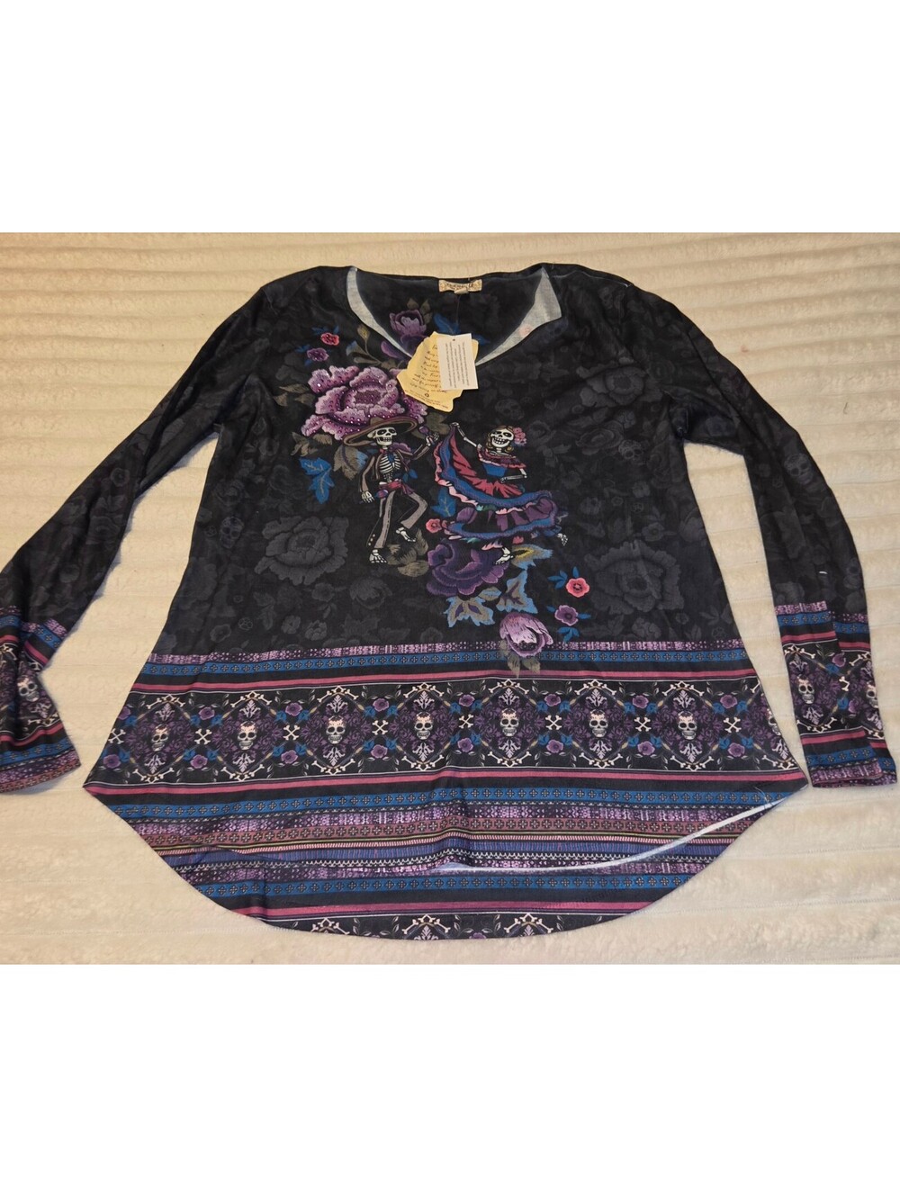 oneWorld Charcoal Gray Long Sleeve Blouse with Day of the Dead Print Size L NWT